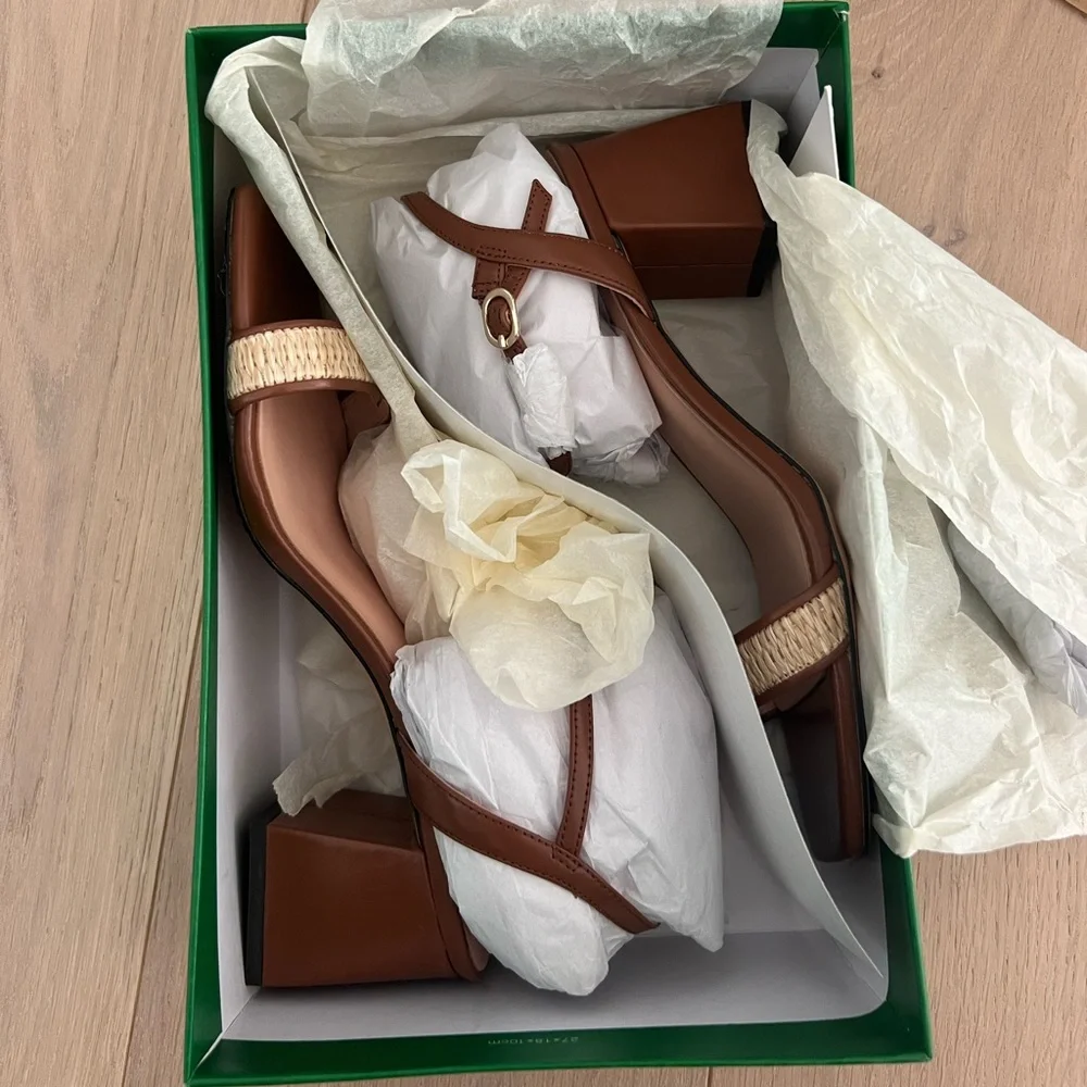 NWT J.Crew Layne Ankle Strap Block Heels Raffia Chestnut Size 7